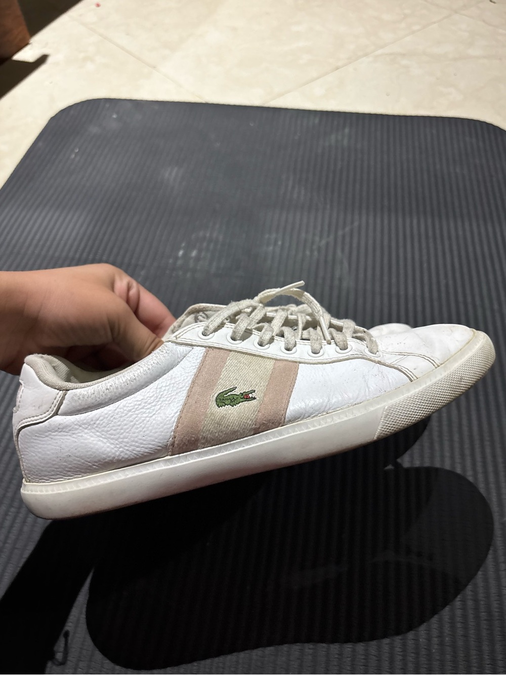 Lacoste White Leather Sneaker with Beige Accent and Green Croc